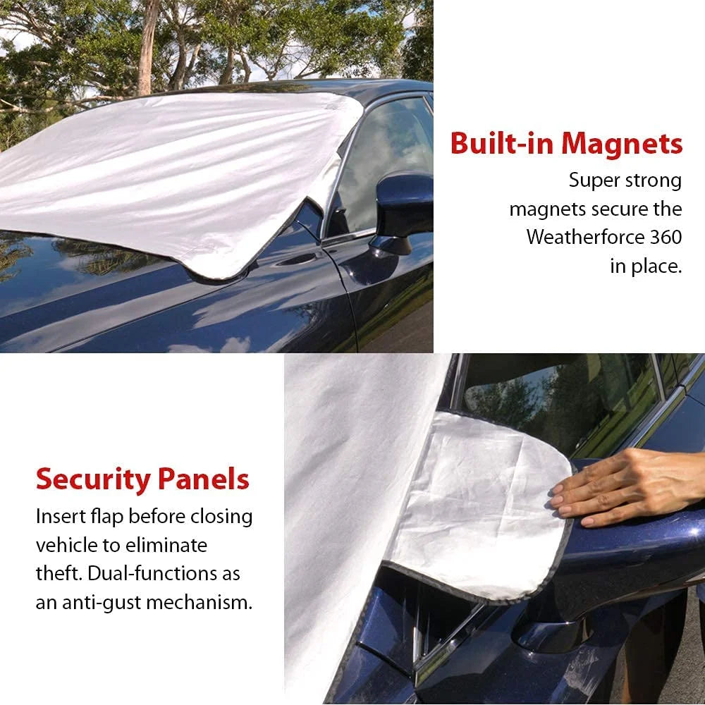 WEATHERFORCE 360 by Bell+Howell All-Weather, Heavy-Duty and Reversible Windshield Protector 6 Feet by 10 Feet Fabric for Any Car Protects from Heat and Snow Comes with Anti-Theft Panels as Seen on TV