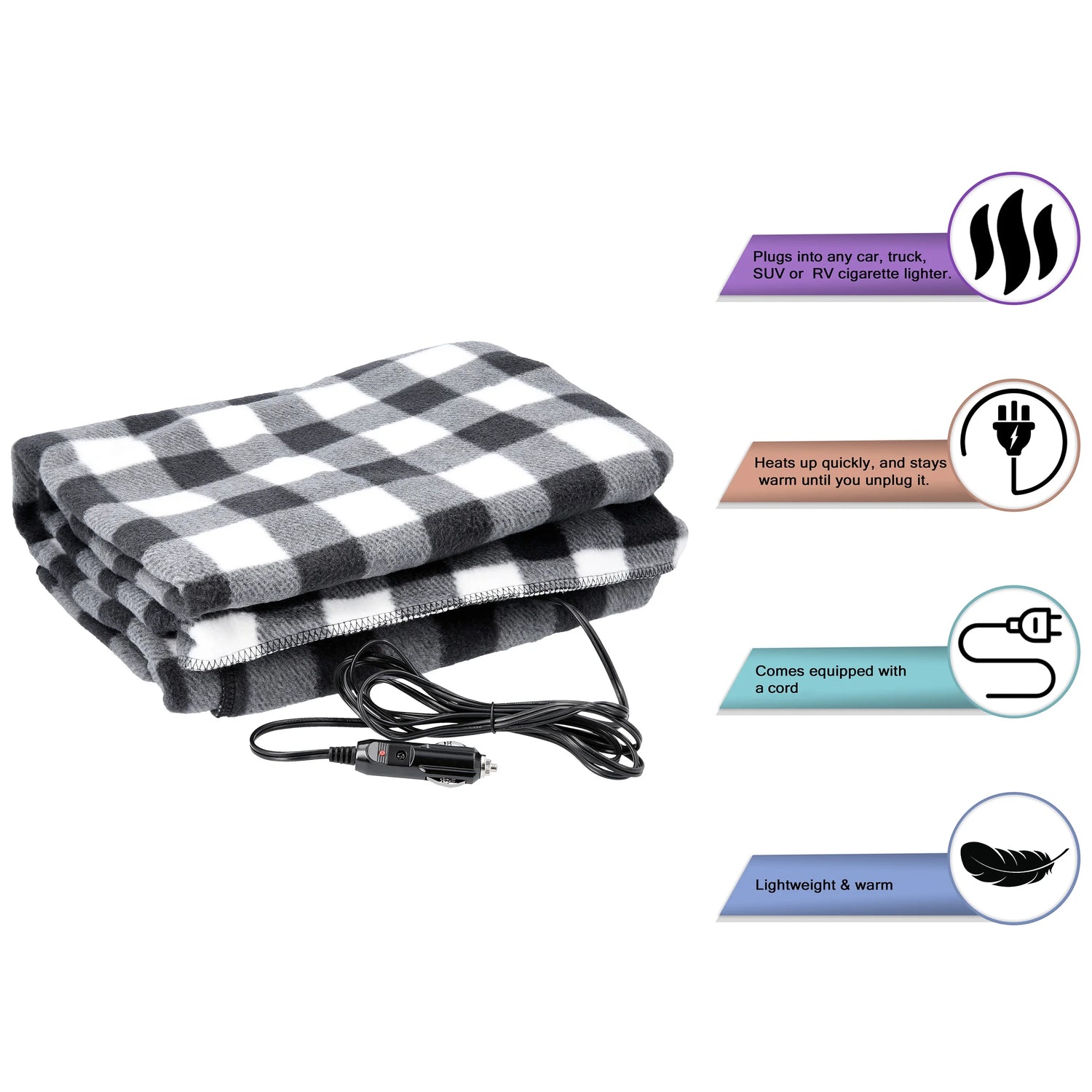 12V Electric Heated Car Blanket with a 96-Inch Cord (Black Plaid)
