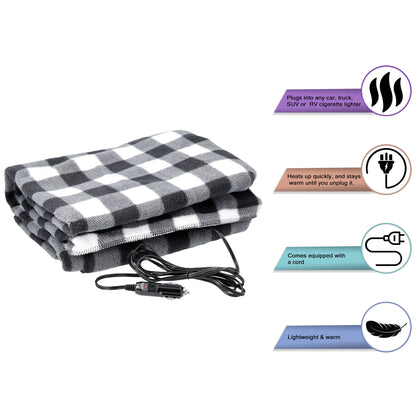 12V Electric Heated Car Blanket with a 96-Inch Cord (Black Plaid)