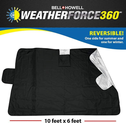 WEATHERFORCE 360 by Bell+Howell All-Weather, Heavy-Duty and Reversible Windshield Protector 6 Feet by 10 Feet Fabric for Any Car Protects from Heat and Snow Comes with Anti-Theft Panels as Seen on TV