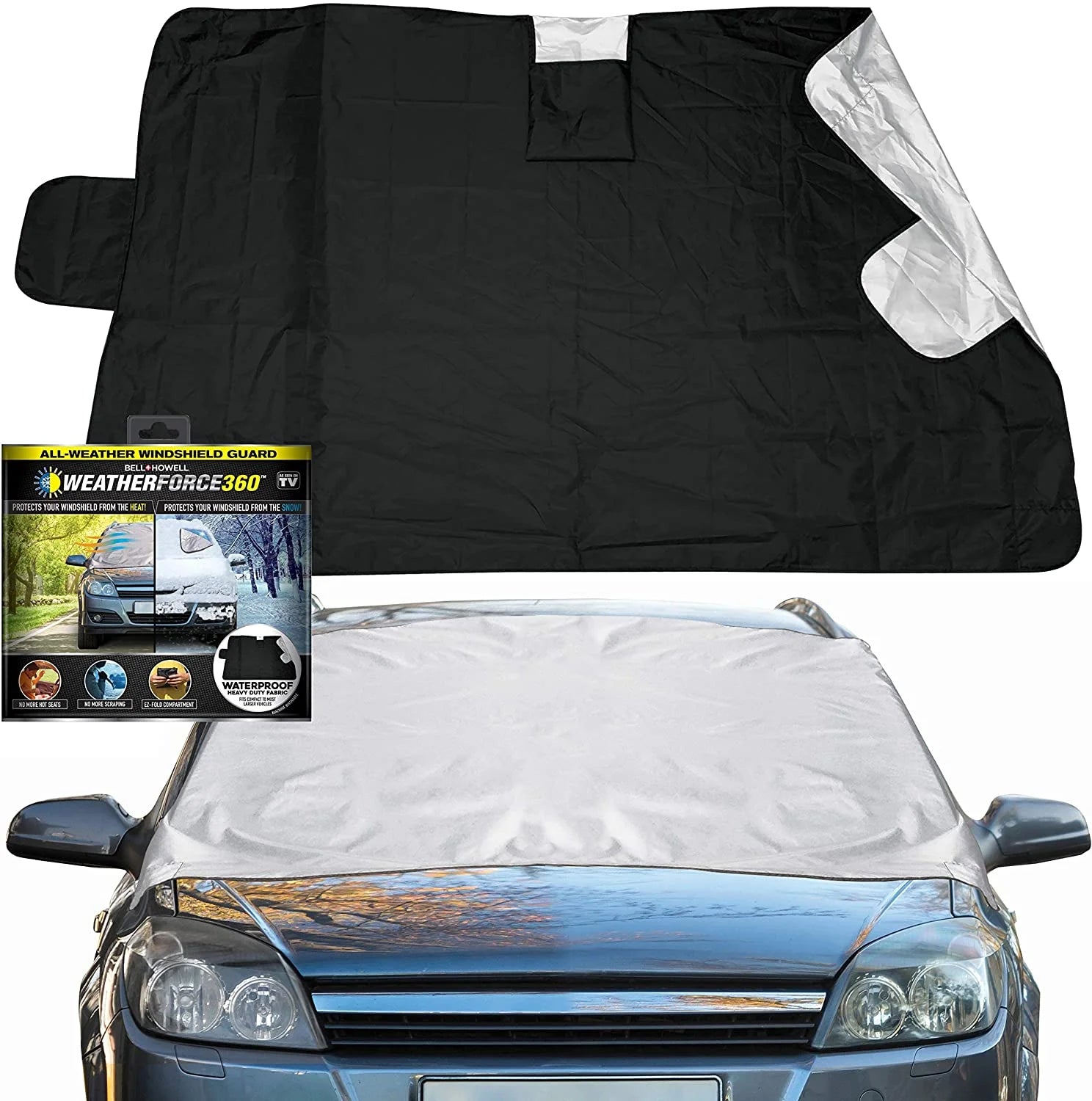 WEATHERFORCE 360 by Bell+Howell All-Weather, Heavy-Duty and Reversible Windshield Protector 6 Feet by 10 Feet Fabric for Any Car Protects from Heat and Snow Comes with Anti-Theft Panels as Seen on TV
