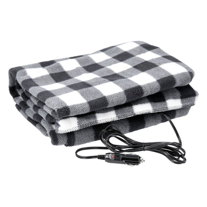 12V Electric Heated Car Blanket with a 96-Inch Cord (Black Plaid)
