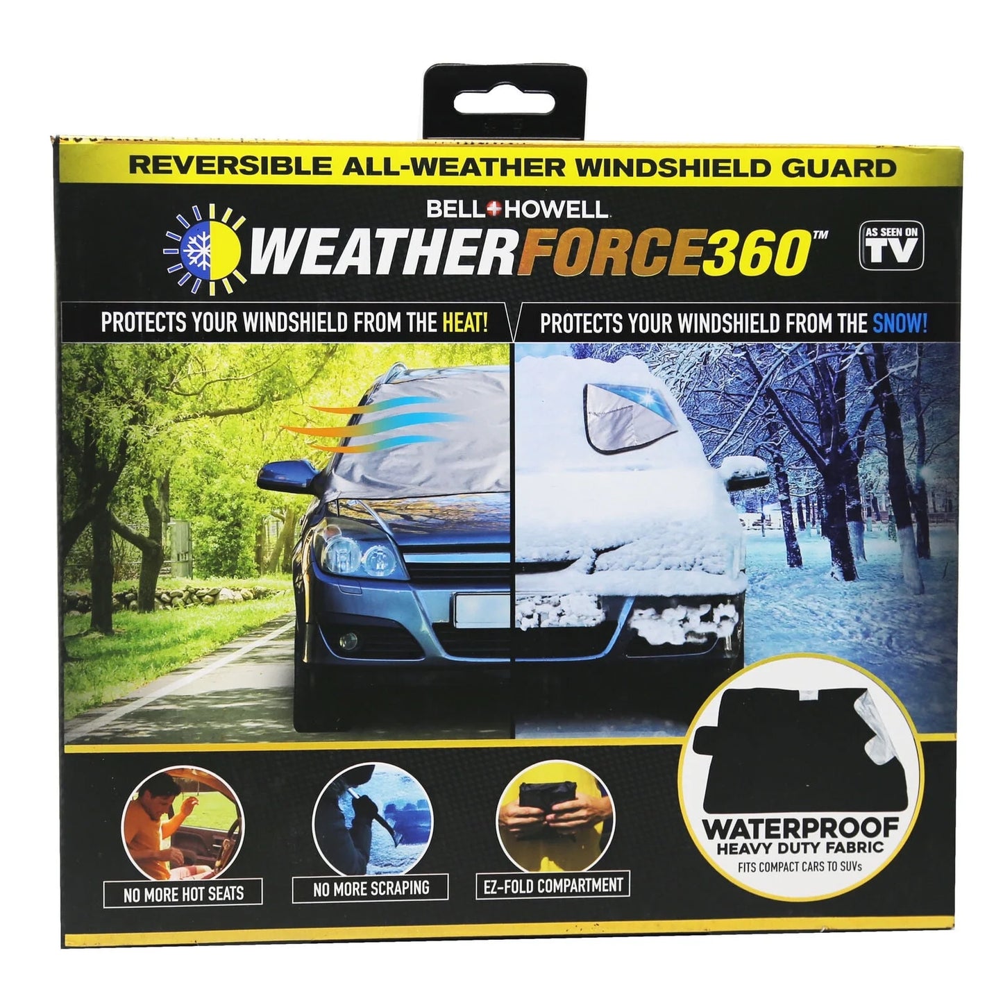 WEATHERFORCE 360 by Bell+Howell All-Weather, Heavy-Duty and Reversible Windshield Protector 6 Feet by 10 Feet Fabric for Any Car Protects from Heat and Snow Comes with Anti-Theft Panels as Seen on TV