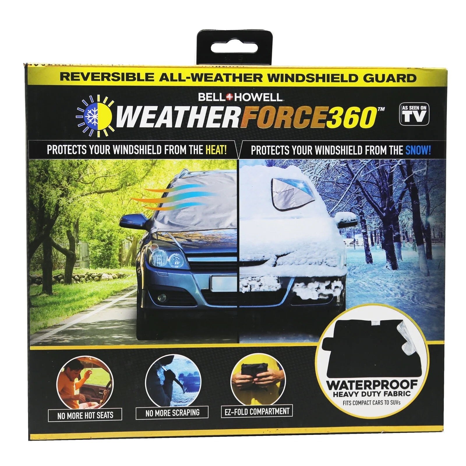 WEATHERFORCE 360 by Bell+Howell All-Weather, Heavy-Duty and Reversible Windshield Protector 6 Feet by 10 Feet Fabric for Any Car Protects from Heat and Snow Comes with Anti-Theft Panels as Seen on TV