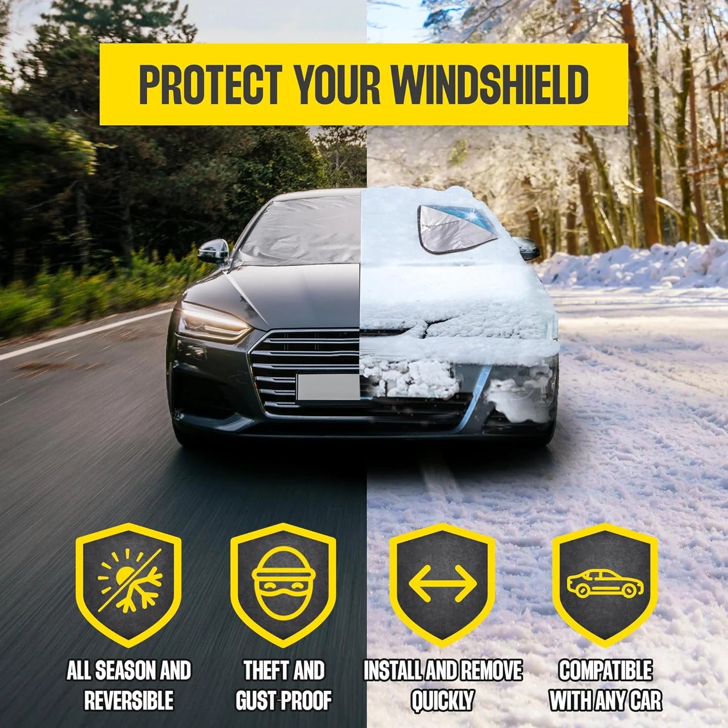 WEATHERFORCE 360 by Bell+Howell All-Weather, Heavy-Duty and Reversible Windshield Protector 6 Feet by 10 Feet Fabric for Any Car Protects from Heat and Snow Comes with Anti-Theft Panels as Seen on TV